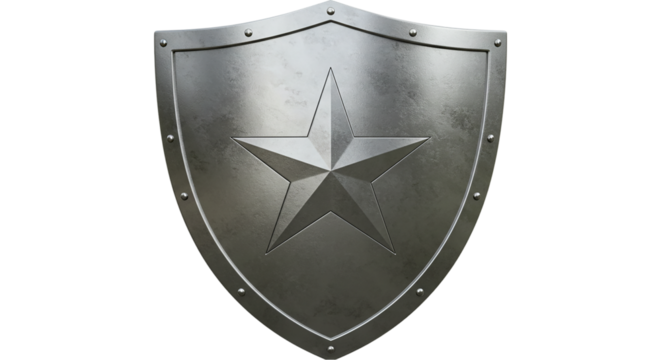 A shiny metal shield with a five pointed star in the center on a black background with rivet details - Powered by Adobe