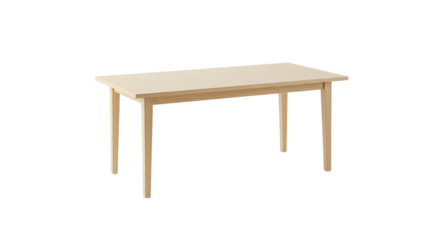 A light colored wooden table with four legs standing on a black background in a studio setting view