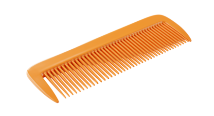 A close up view of an orange plastic comb with fine teeth against a plain black background studio shot