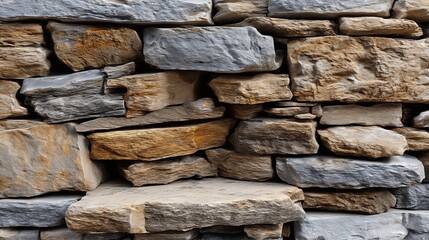 A close-up of a stacked natural stone wall reveals rough, uneven rock textures, perfect for a rustic and earthy backdrop.