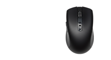 A close up shot of a black computer mouse with a scroll wheel on a black background in a studio setting