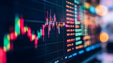 Close-up shot of a computer screen displaying a dynamic stock market chart with colorful candlestick patterns and numerical data, suggesting financial analysis or trading activity.