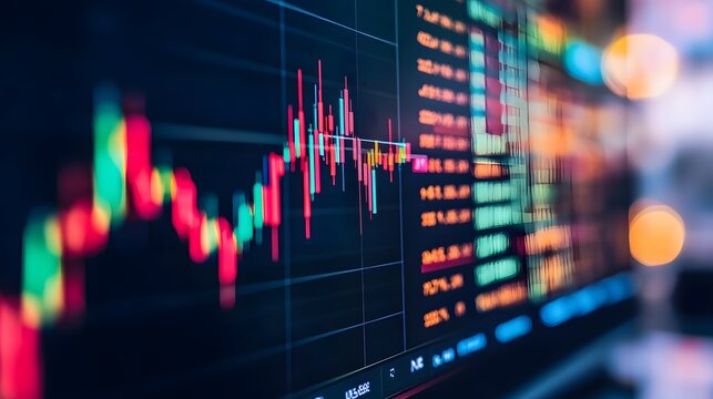 Close-up shot of a computer screen displaying a dynamic stock market chart with colorful candlestick patterns and numerical data, suggesting financial analysis or trading activity.