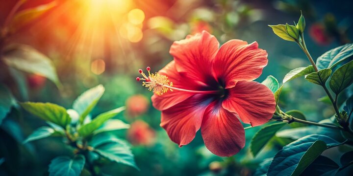 Vintage Hibiscus Rosa-Sinensis, Gudhal Flower, Botanical Photography, Bloom, Red