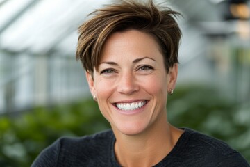 Smiling caucasian female adult with short brown hair in bright natural setting