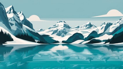 Fototapeta premium Serene Alpine Lake Surrounded by Towering Snow: Abstract Illustration Poster Background.