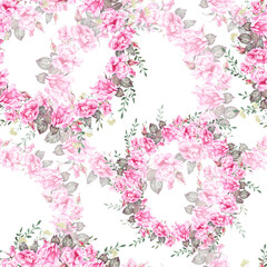 Seamless pattern of watercolor hand-drawn illustrations of flower wreaths. Decor for wedding, birthday, children's party and seasonal holidays.