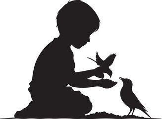 "Child Feeding Bird Silhouette – Innocence and Nature in Harmony"
