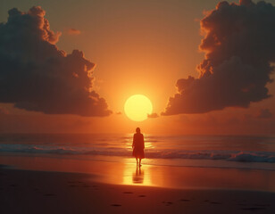 Mujer camina solitaria en hermoso amanecer por la playa. 