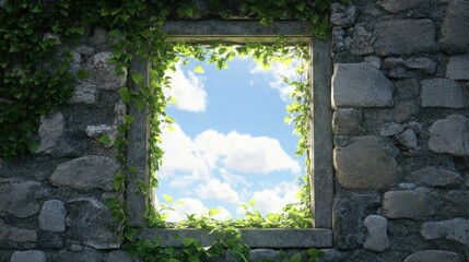 Stone Wall Window Frame with Ivy and Sky View