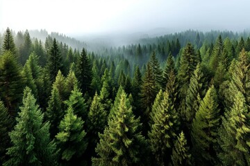 Misty pine forest landscape with lush greenery and rolling hills
