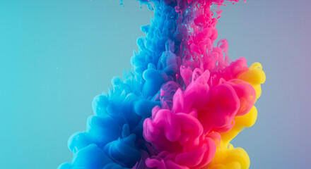 Obraz premium Chromatic cloudburst: An enthralling dance of liquid pigments in serene harmony