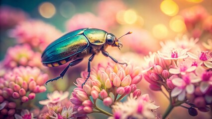 Fototapeta premium Vintage Photo: Colorful Beetle on Pink Flowers - Macro Insect Photography