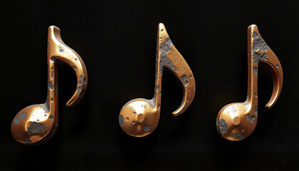 Antique bronze music notes on black background, artistic elegance
