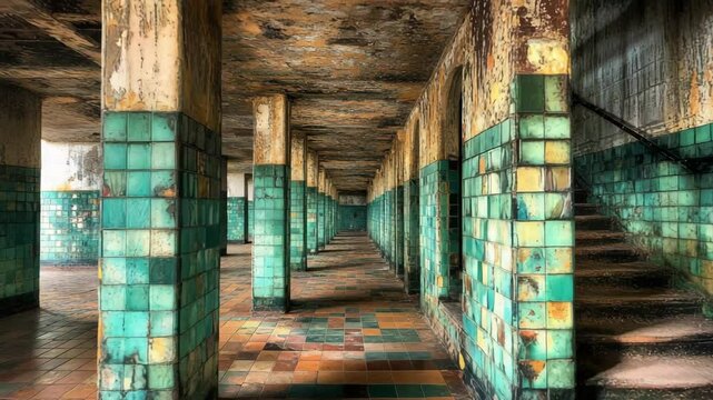 Decayed interior hallway featuring repeating turquoise and orange tile pattern on columns, walls and floor with peeling paint and stairs