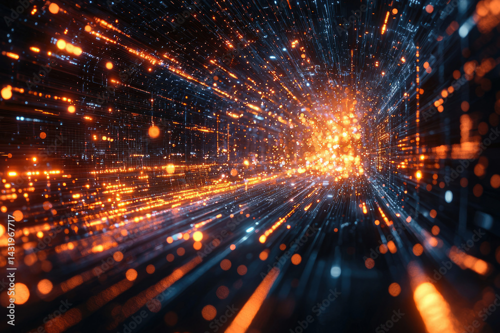 Aufkleber Abstract digital tunnel with glowing particles and lines, representing data flow and connectivity.