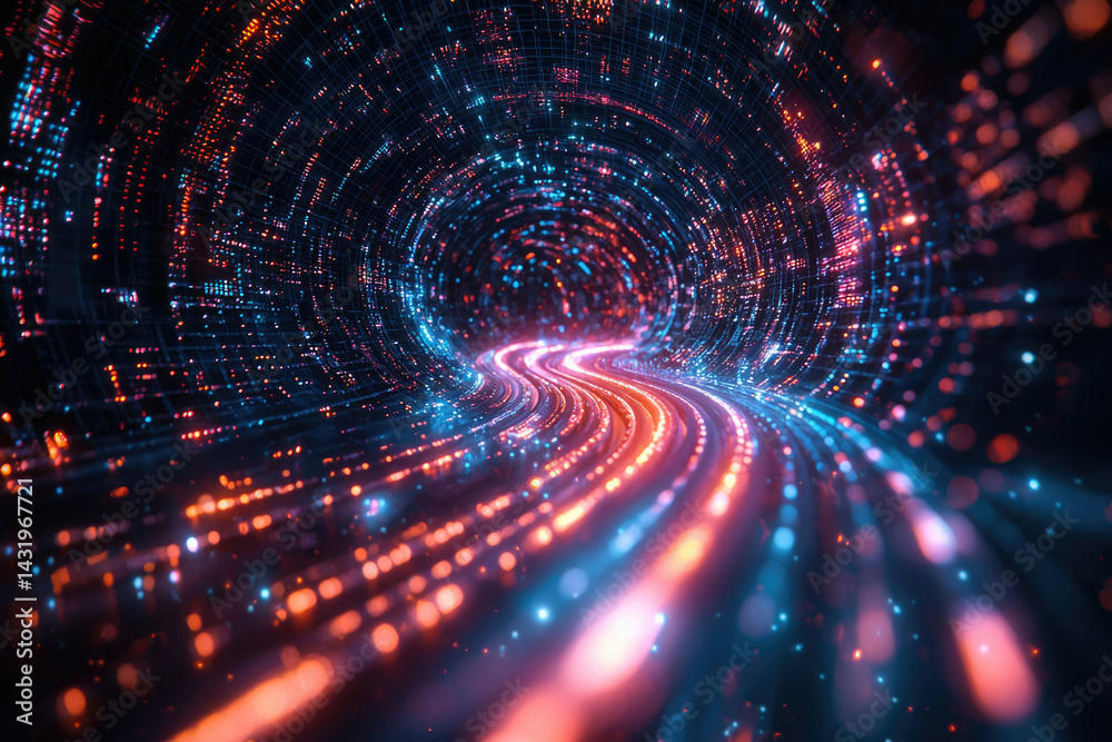 Poster abstract digital tunnel with glowing neon lights and data streams. futuristic technology concept.