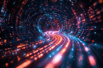 Obraz premium Abstract digital tunnel with glowing neon lights and data streams. Futuristic technology concept.