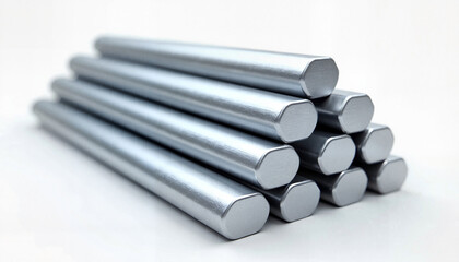 Stacked silver aluminum rods on clean background, engineering concept
