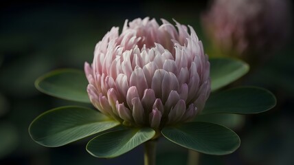 Close-up view of a single, round, pale pink clover blossom. Its delicate petals are softly illuminated, creating a gentle contrast against the dark green leaves and background.