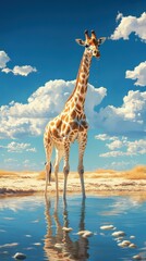 Obraz premium Giraffe drinking water at a serene waterhole under a bright blue sky with fluffy clouds