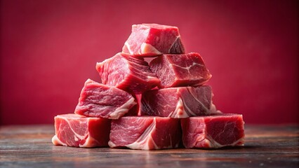 Vintage Photo: Stack of Raw Beef Cubes on Pink Background - Butchers Cut, Meat Texture