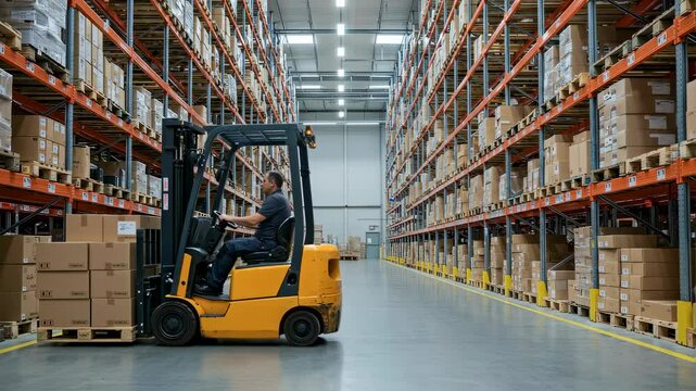 Man driving forklift in warehouse aisle with high shelves stacked with cardboard boxes on pallets. Industrial logistics and storage facility operations video footage.