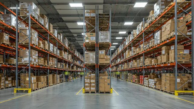 Empty modern warehouse interior with rows of tall racks filled with stored goods and boxes for logistics, distribution, and supply chain management video footage.