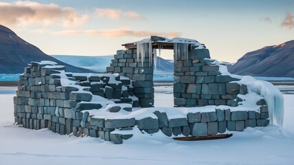 An old stone ruin in a snowy, mountainous landscape under a dusky sky. The remaining walls of the building have accumulated ice formations