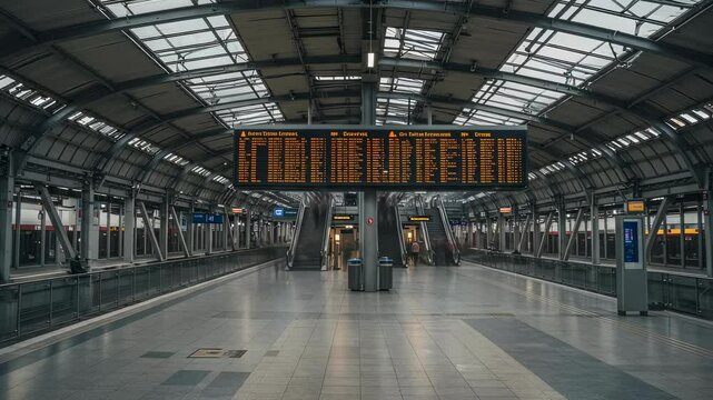 Empty train station platform with large departure board above escalators. Panoramic view of modern airport or train station terminal architecture video footage for travel or transportation
