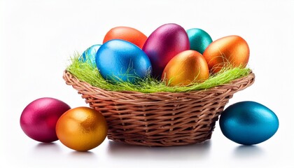 easter basket filled with colorful eggs isolated on a white background
