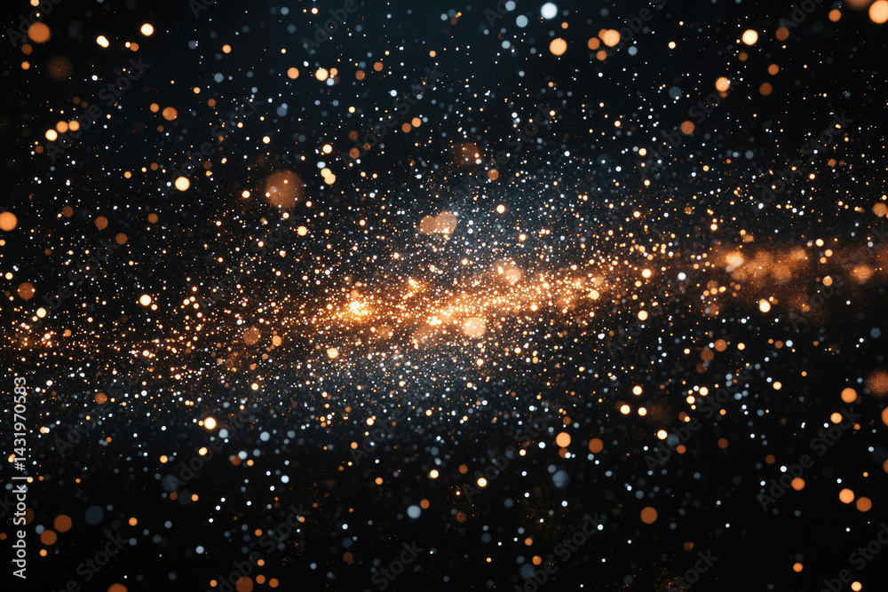 Poster abstract background with golden and white glitter particles on black, resembling a sparkling galaxy 