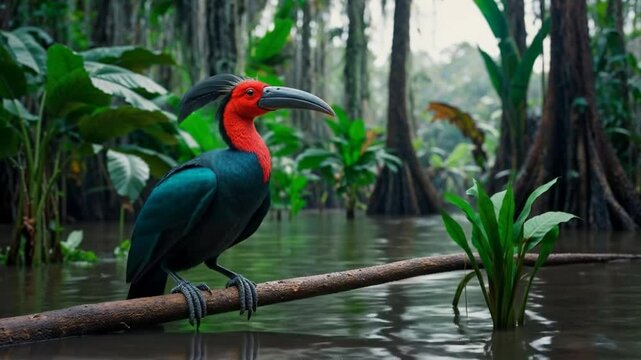 Rare Helmeted Hornbill Bird Perched on Branch in Tropical River Scenery