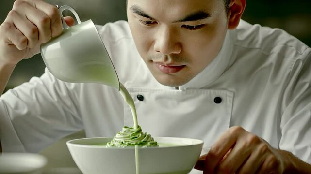 Chef pouring matcha latte art
