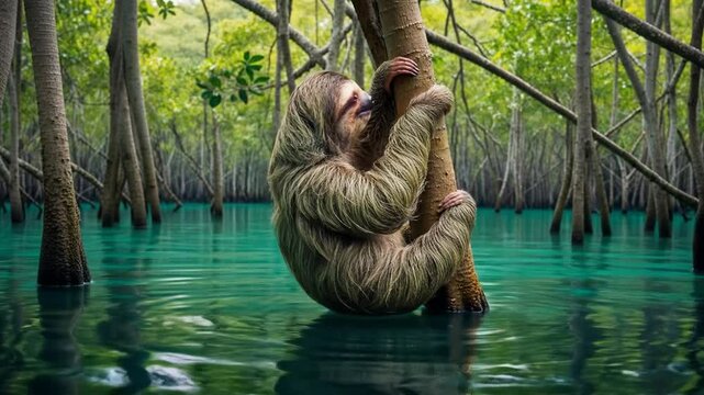 A sloth hangs on a tree in the middle of a flooded forest