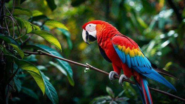 Scarlet Macaw perched on a branch in a lush tropical rainforest environment