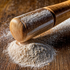 A wooden rolling pin dusted with flour lies on a floured wooden surface, next to a bowl filled with flour, evoking a baking atmosphere.