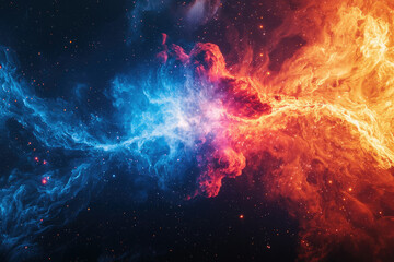 A cosmic collision of fiery orange and icy blue nebulae, swirling amidst a star-dusted expanse.