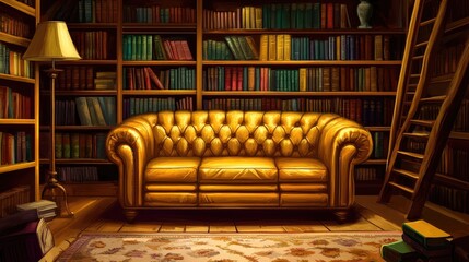 Golden tufted couch in a rich library setting.