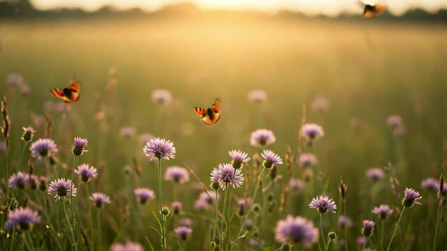 Butterflies Flying Over Wildflowers in Meadow at Sunset