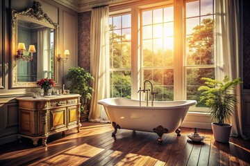 Vintage Style Photo: Modern Bathroom, Freestanding Tub, Large Window