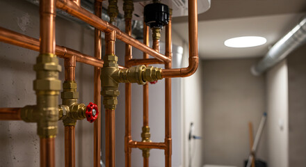 Installation of boiler and water heater piping. Plumbing works. Installation of gas equipment in the boiler room. Copper pipe layout. Heating system in boiler room	