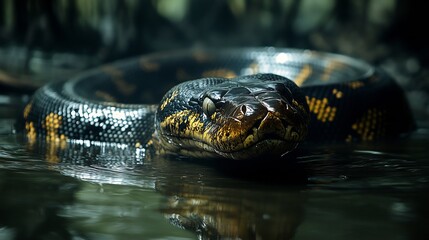 Massive anaconda slithering through a swamp powerful coils rippling through the dark waters ultra HD wildlife photography
