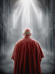 Naklejka premium Serene reflection of a catholic cardinal standing in a majestic cathedral interior with radiant light