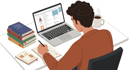 Two businesspeople, a man and a woman, are working on their laptops at a desk in the office, typing on the keyboards as they communicate online using technology and the internet