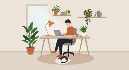 A businessman sitting at a wooden desk in his office works on his laptop, a vector illustration of a person at work
