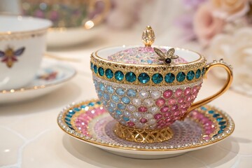 Ornate teacup with lid and saucer decorated with jewels and gold trim on a white surface indoors