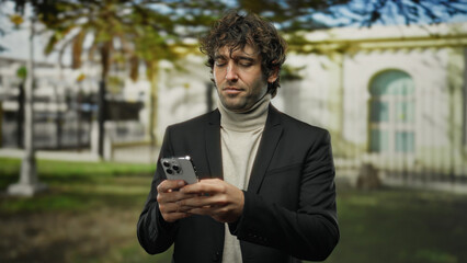 Young man with smartphone in outdoor city setting wearing turtleneck and jacket, focusing on device with blurred background of modern architecture and greenery.