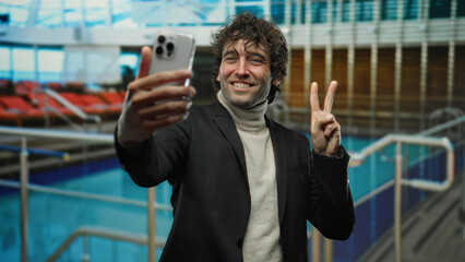 Young man taking selfie on a cruise ship outdoors, flashing peace sign, dressed in formal jacket, poolside setting with blurred sun loungers in background, exuding confident charm