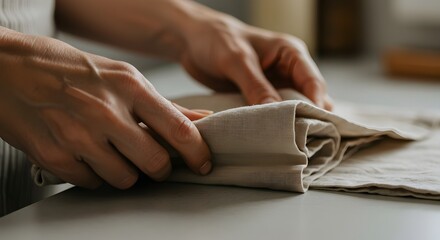 Hands Folding Light Fabric Cloth
